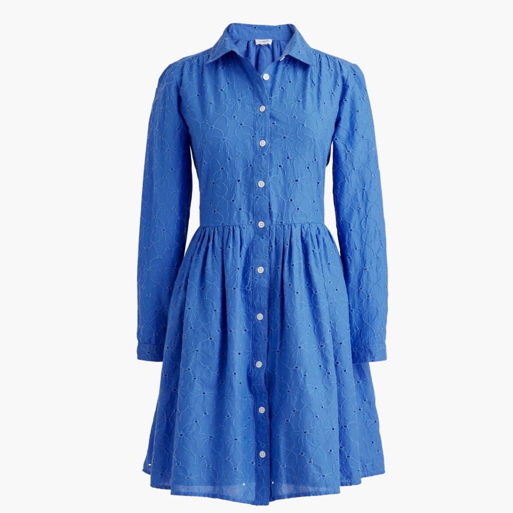 J. Crew Eyelet Shirt Dress Classic Button-Front Long Sleeve Women’s Dress Blue 6